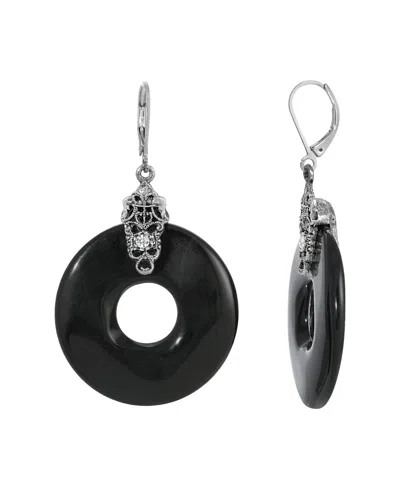 2028 Silver Tone Black Round Drop Earrings