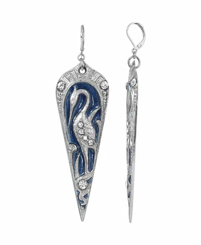 2028 Silver-tone Blue Enamel Large Crane Earrings