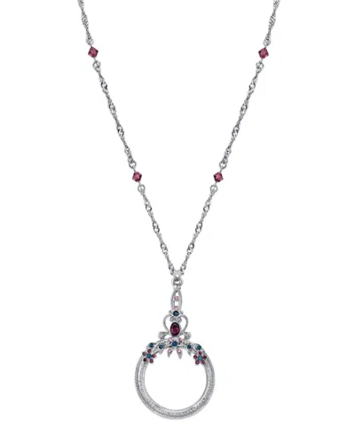 2028 Silver Tone Blue Purple Crystal Magnifying Glass Necklace 30"