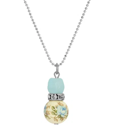 2028 Silver-tone Blue Rose Bead Drop Necklace