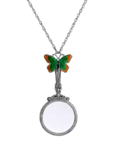 2028 Silver-tone Butterfly Magnifying Glass Pendant Necklace In Multi