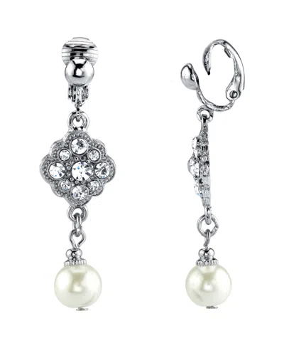 2028 Silver Tone Crystal And Imitation Pearl Drop Clip Earrings