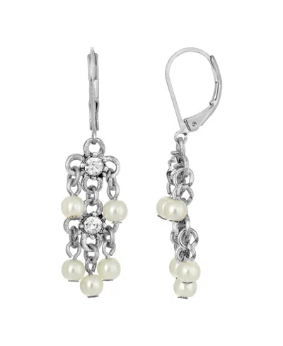 2028 Silver-tone Crystal And Imitation Pearl Linear Earrings In White
