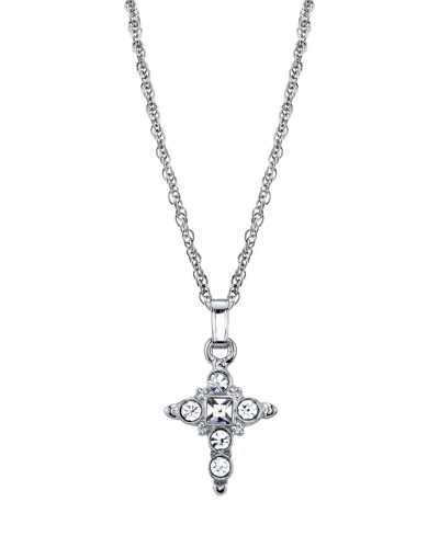 2028 Silver Tone Crystal Cross Pendant Necklace 16" Adjustable In White