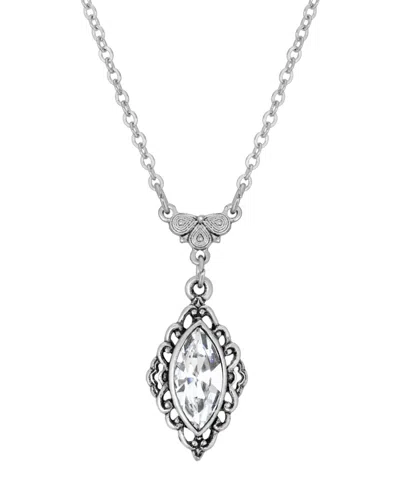 2028 Silver-tone Crystal Diamond Drop 16" Adjustable Necklace In White