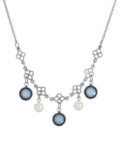 2028 Silver-tone Crystal Faux Cultivated Pearl Bib Necklace In Blue