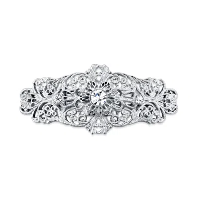 2028 Silver-tone Crystal Filigree Bar Barrette