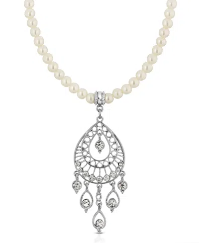 2028 Silver-tone Crystal Filigree Drop On Imitation Pearl Necklace In White