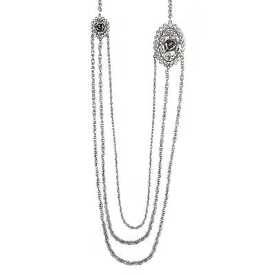2028 Silver-tone Crystal Flower Triple Chain Necklace 30"