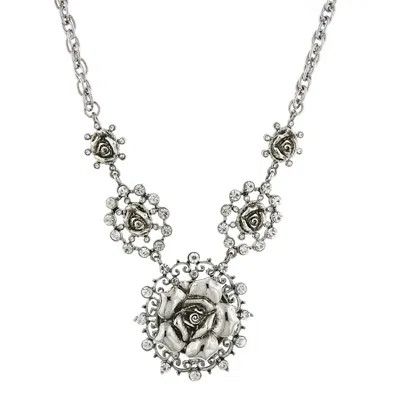 2028 Silver-tone Crystal Multi Flower Drop Necklace 16" Adjustable
