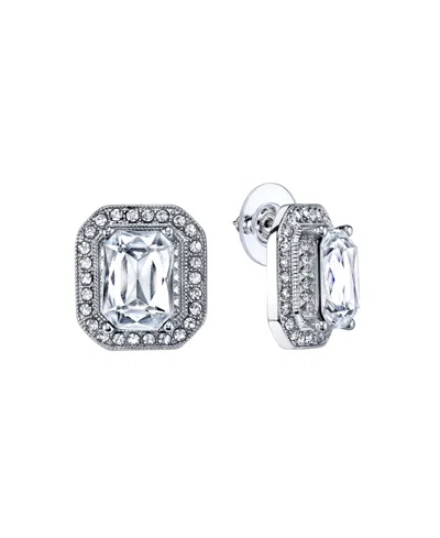2028 Silver-tone Crystal Octagon Button Earrings In White
