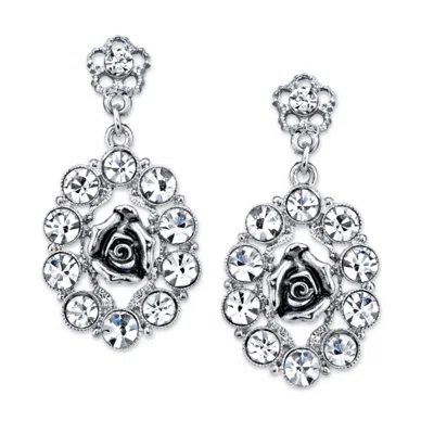 2028 Silver-tone Crystal Oval Flower Drop Earrings
