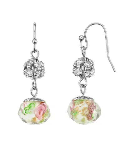 2028 Silver Tone Crystal Pink Flower Beaded Drop Wire Earring In White