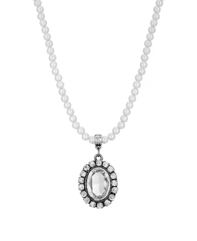 2028 Silver Tone Crystal Rimmed Crystal Imitation Oval Pearl Strand Necklace In White