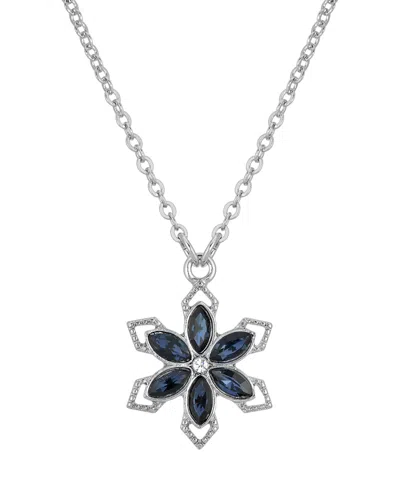 2028 Silver-tone Crystal Sapphire Blue Color Stone Flower 16" Adjustable Necklace