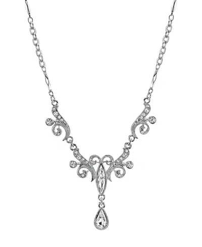 2028 Silver-tone Crystal Teardrop Necklace 15" Adjustable In White