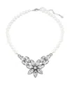 2028 Silver-tone Diamond Shaped Crystal Flower 15" Adjustable Imitation Pearl Necklace In White