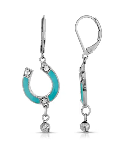 2028 Silver-tone Enamel With Crystal Accents Horsehoe Drop Earrings In Turquoise