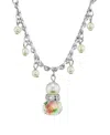 2028 Silver Tone Faux Pearl Pink Flower Beaded Drop Necklace 16" Adjustable In White