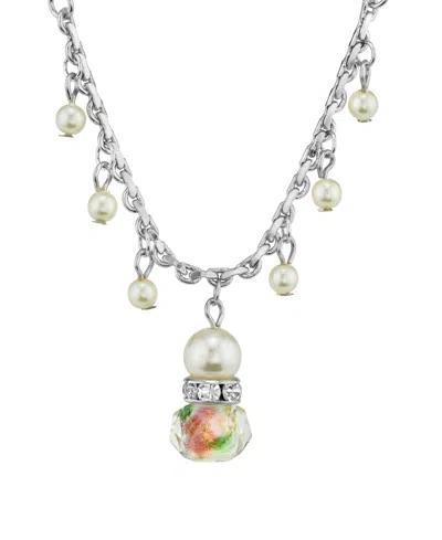 2028 Silver Tone Faux Pearl Pink Flower Beaded Drop Necklace 16" Adjustable In White