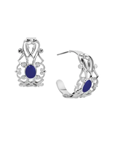 2028 Silver Tone Filigree Enamel Hoop Earring In Blue