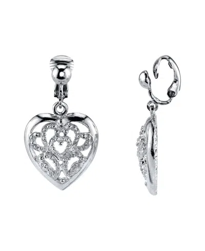 2028 Silver Tone Filigree Heart Clip Drop Earrings In Gray