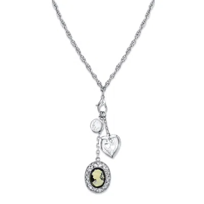 2028 Silver-tone Heart And Black Oval Cameo Charm Necklace 26"
