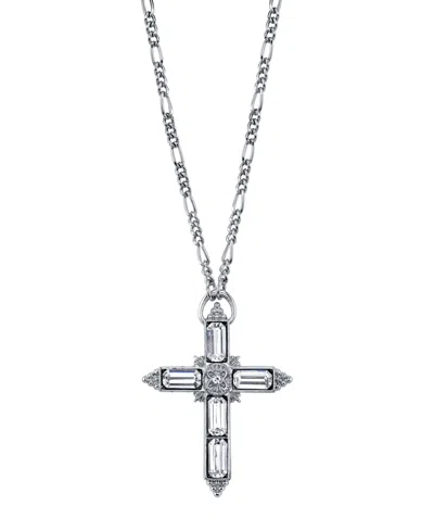 2028 Silver Tone Large Crystal Cross Pendant Necklace 28" In White