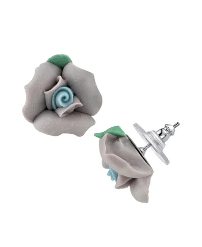 2028 Silver Tone Large Porcelain Rose Earrings In Purple