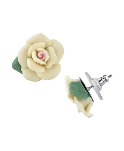 2028 Silver-tone Large Porcelain Rose Earrings In White