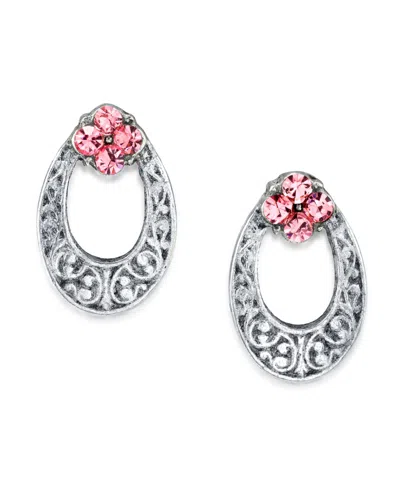 2028 Silver Tone Light Crystal Oval Stud Earring In Pink