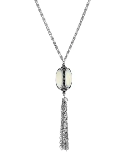 2028 Silver-tone Mop 3 Sided Spinner Tassel Necklace In White