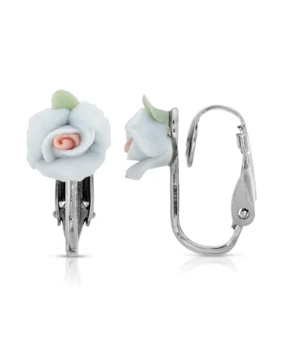 2028 Silver Tone Porcelain Rose Clip Earrings In Blue