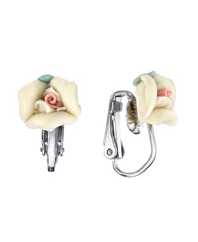 2028 Silver Tone Porcelain Rose Clip-on Earrings In Cream