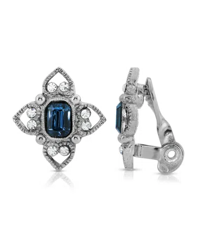 2028 Silver Tone Rectangle Crystal Floral Clip Earring In Blue