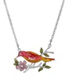 2028 Silver-tone Red And Yellow Enameled Bird And Flower Pendant Necklace In Red