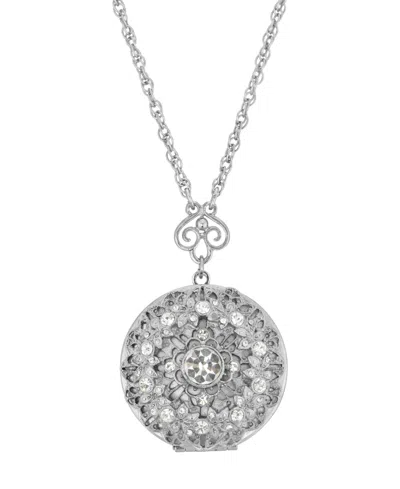2028 Silver-tone Round Crystal Locket 30" Necklace In White