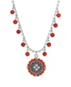 2028 Silver-tone Round Floral Disc Red Bead Necklace In Red