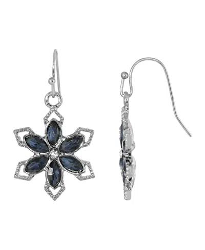 2028 Silver-tone Sapphire Blue Color Stone With Crystal Flower Earring