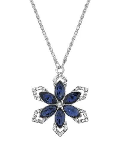 2028 Silver-tone Sapphire Blue Color Stone With Crystals Flower 16" Adjustable Necklace
