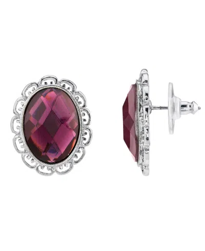 2028 Silver-tone Stone Faceted Oval Button Earrings In Purple