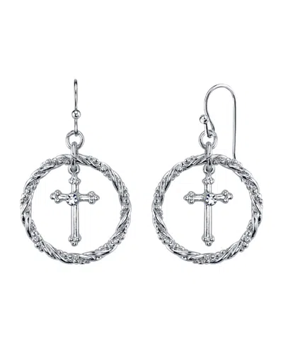 2028 Silver Tone Suspended Cross Hoop Drop Earrings In Grey
