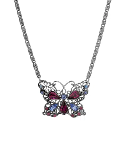 2028 Silver-tone Purple Stones Butterfly Necklace In Multi