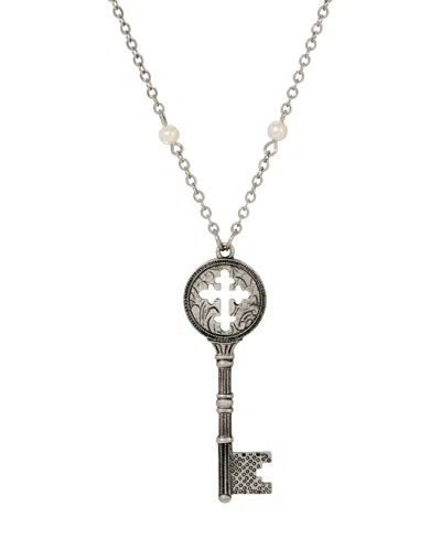 2028 Symbols Of Faith Imitation Pearl Key Cross Necklace In Silver