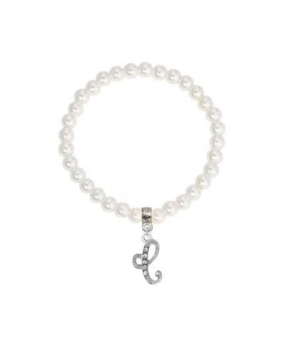 2028 White Imitation Pearl Bead Initial Charm Stretch Bracelet