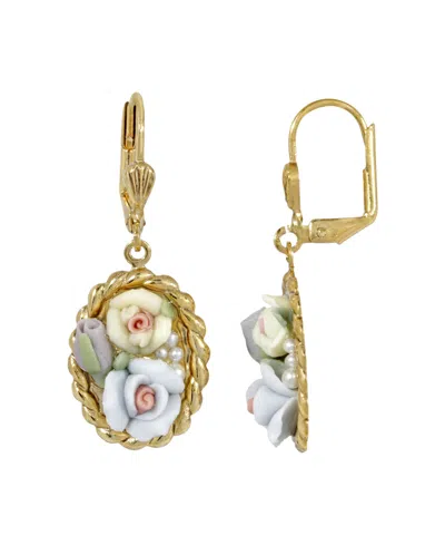 2028 Women's Gold Tone Blue And Ivory Porcelain Flower Drop Earrings