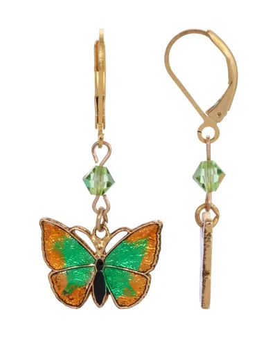 2028 Women's Gold-tone Drop Green And Yellow Butterfly Earrings In Multi
