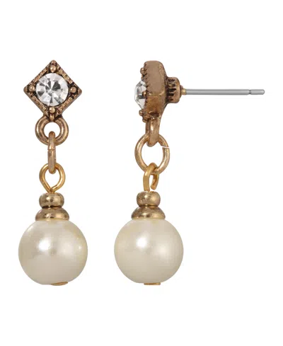 2028 Women's Gold-tone Faux Imitation Pearl Crystal Accent Drop Earrings In White