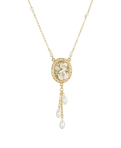 2028 Women's Gold Tone Ivory Porcelain Rose Oval Pendant With Imitation Pearl Drop Necklace In White