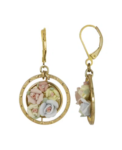 2028 Women's Gold Tone Yellow Porcelain Flower Round Drop Earring In Pink